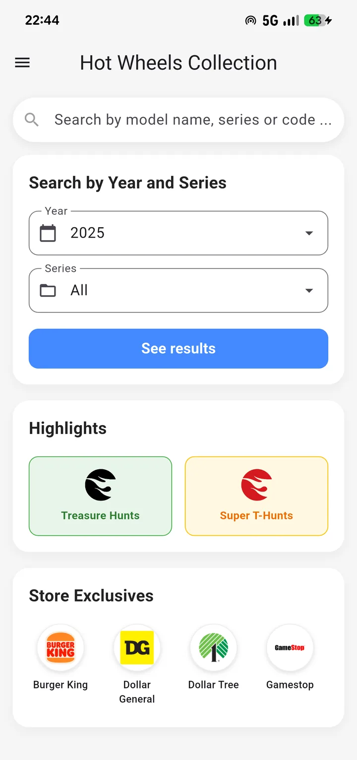 Home screen of Hot Wheels Tracker Collection with search bar, year and series filters and Treasure Hunt highlights