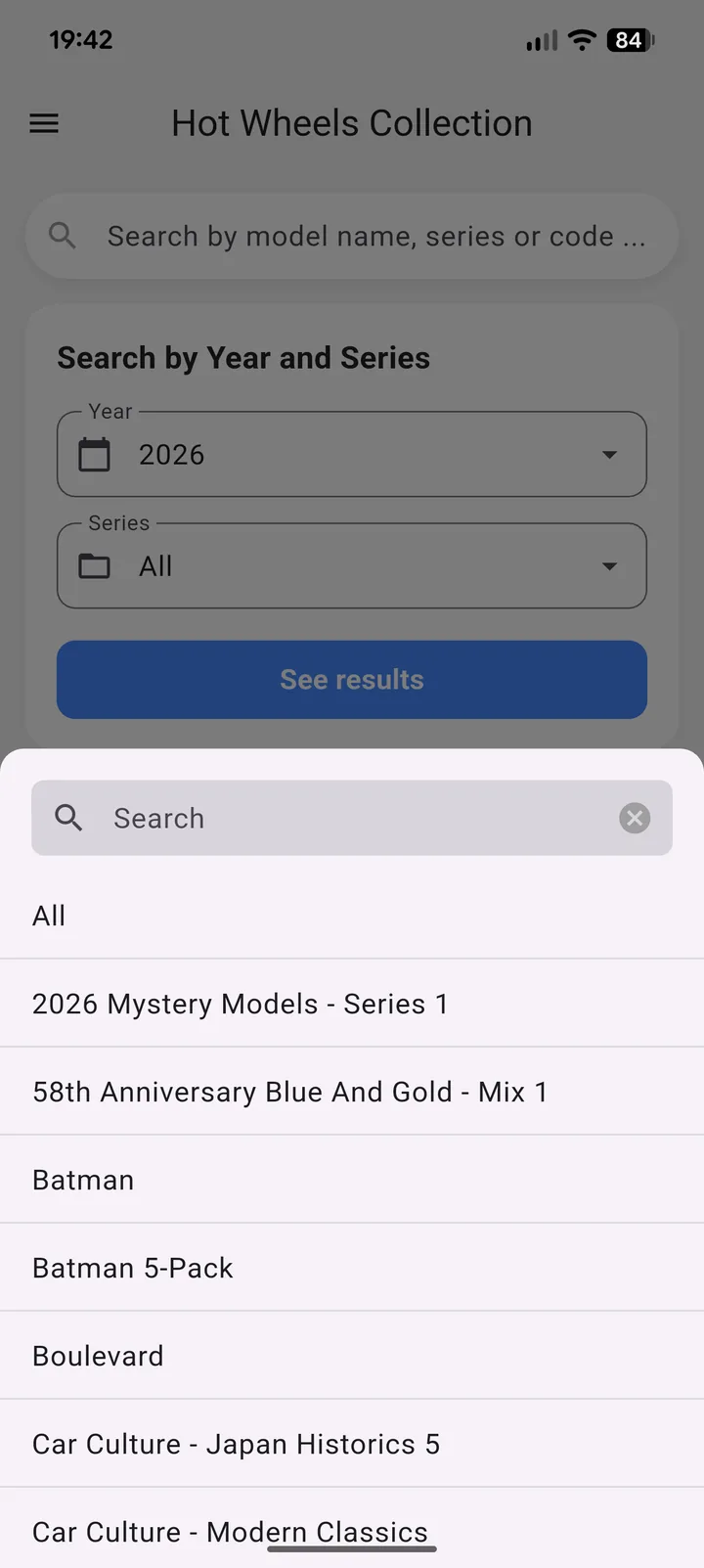 Series picker listing every series of the selected year